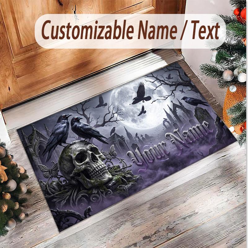 Skull Gothic Theme Soft Crystal Velvet Rug Custom Name & Text Print Non Slip Floor Rug for Bedroom Living Room