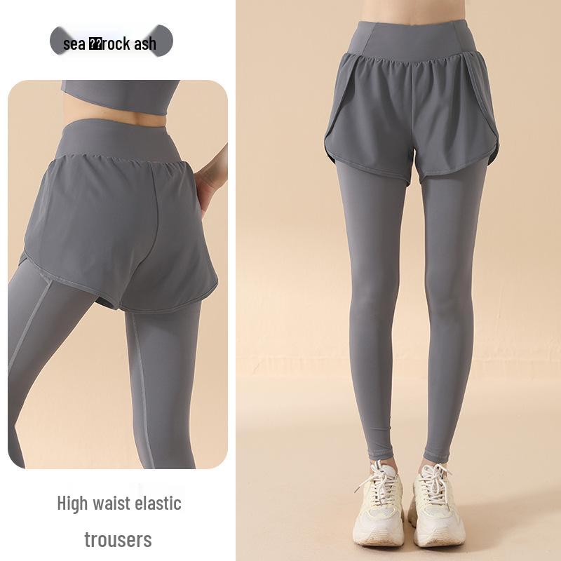 2025 High Waist Yoga Pants: Fake Two-Piece, Elastic, Hip-Lifting, Tummy Control, Nude Feel, Anti-Exposure Running and Fitness Wear