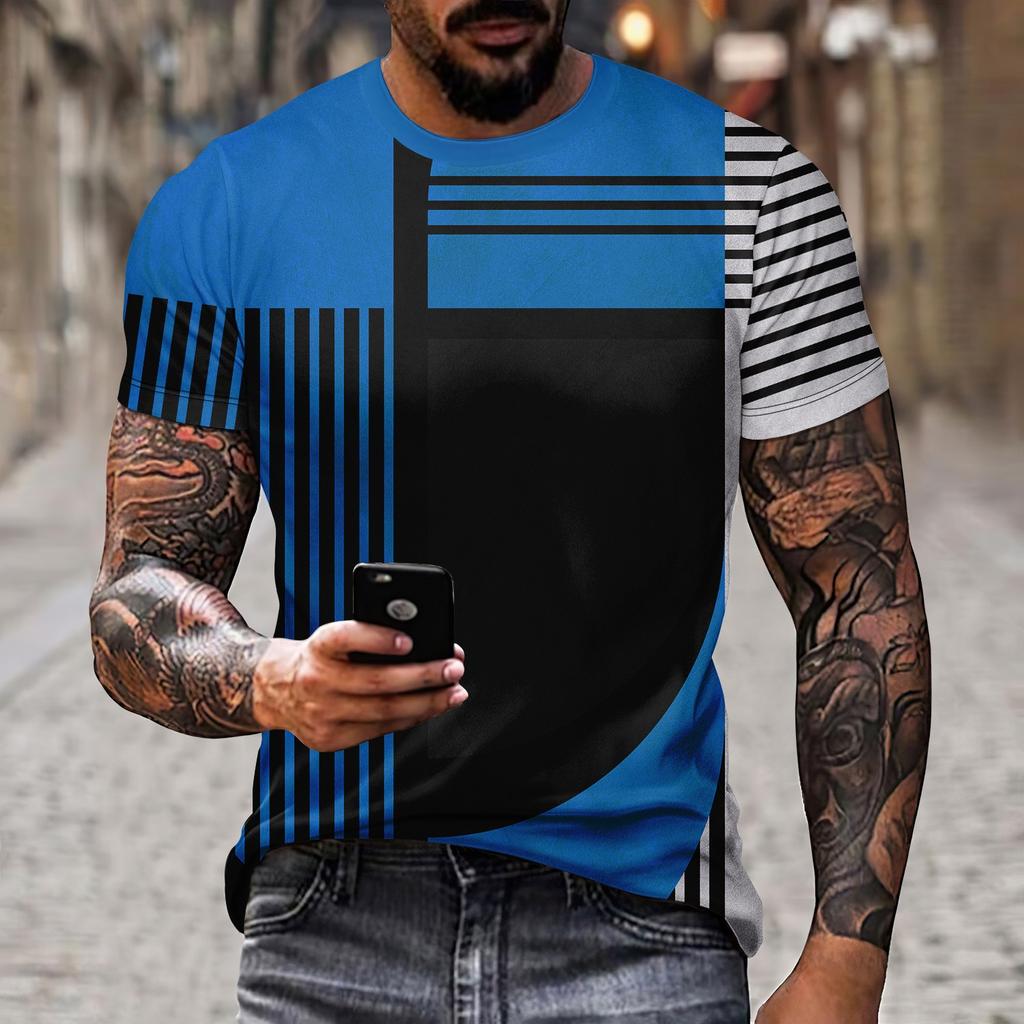 New Men's T-shirt Casual Short Sleeved Simple 3D Line Splicing Polyester Summer Round Neck Pullover Personalized Sports Top