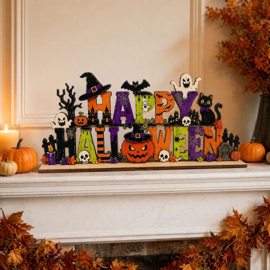 Fall Season Shelf Decor Happy Halloween Wooden Sign Ornaments with Pumpkin Ghost And Bat Elements for Decorative Party Props Tiered Tray Table Autumn