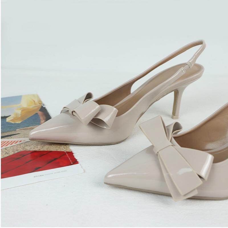 Women's High Heels Sandals Butterfly-knot Design Summer Footwear Chic Pointed Patent Leather Beige Elegant Female Wedding Shoes