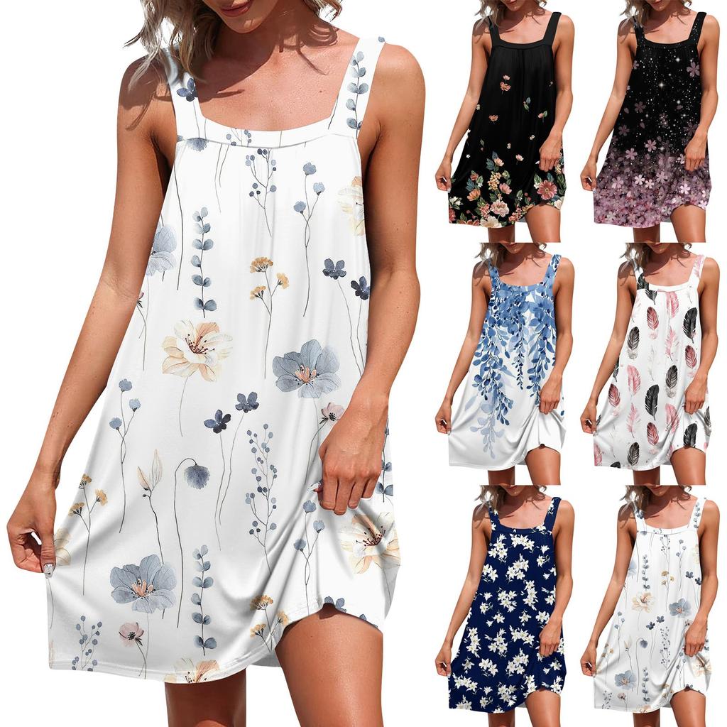 Women's Fashion Casual Printed Beachwear Pockets Sleevesless Casual Summer Beach Dress