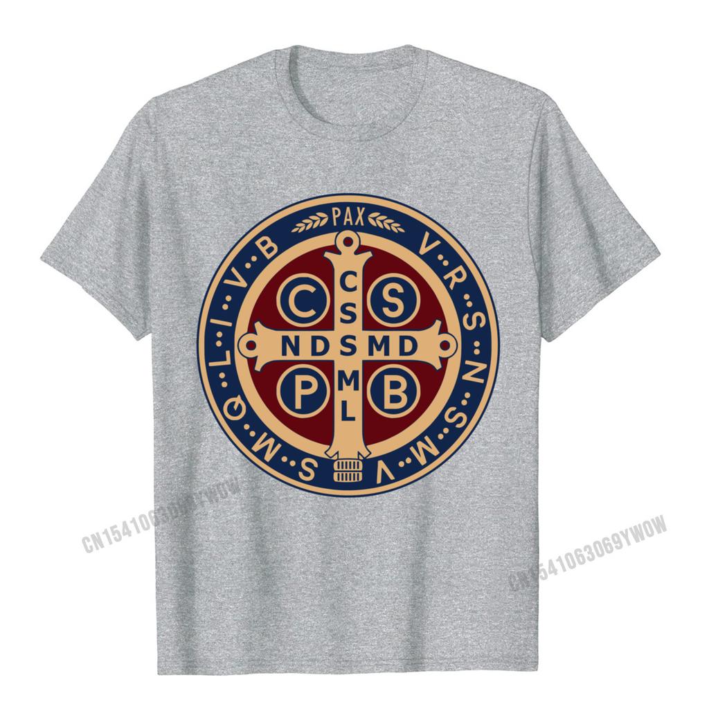 The Saint Benedict Medal Catholic Pullover Tees Camisas Men Slim Fit Mens T Shirt Printed T Shirt Cotton Geek
