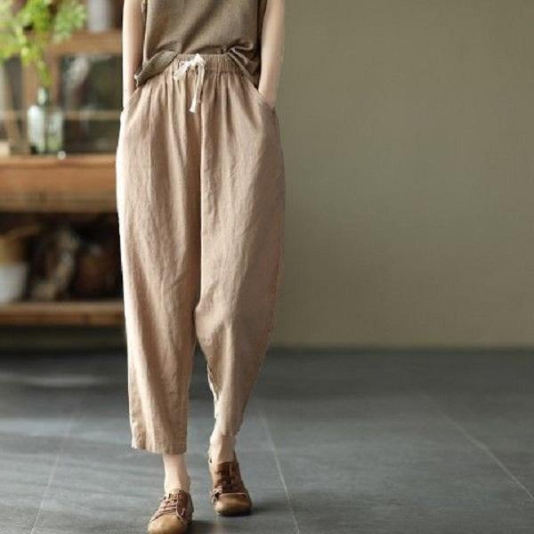 Cotton and Linen Pants, Women's Elastic Waisted Loose Casual Pants, Summer Retro Slimming, Lace Up Carrot Harem Pants
