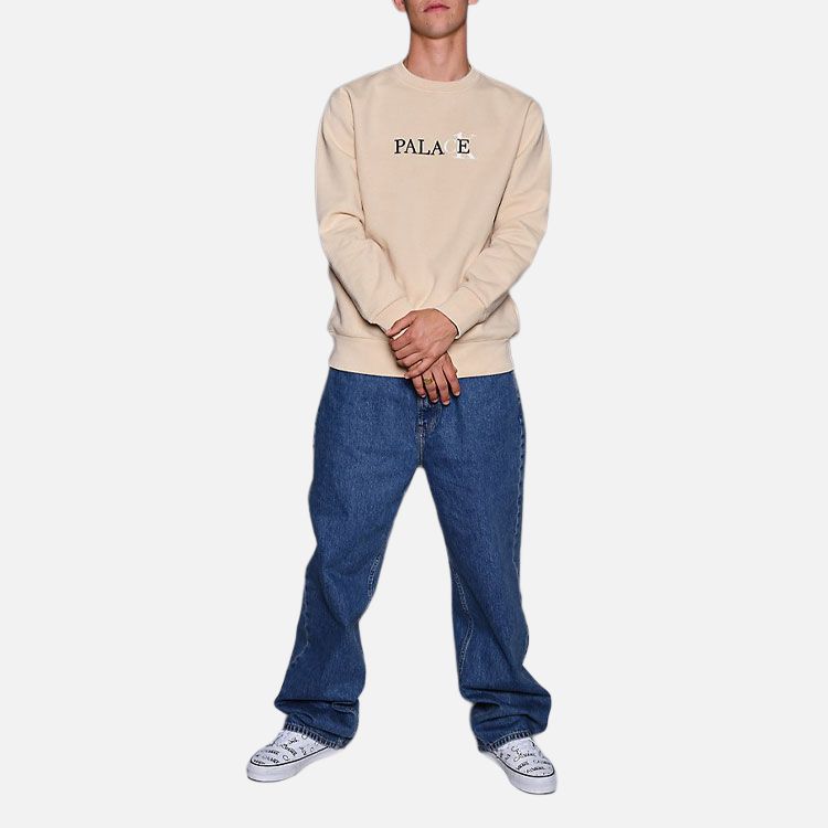Palace SS22 Logo Print Solid Color Crew Neck Sweatshirt Unisex Tops Wheat 21663140-100