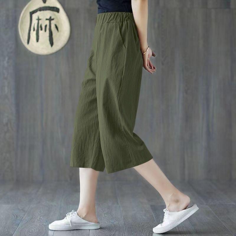 Women's High Waist Linen Wide Leg Cropped Pants Loose Fit Minimalist Capri Pants Pocket Casual Seven Trousers