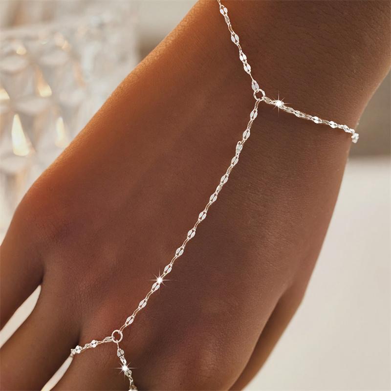 Trendy Gold Dainty Hand Chain Bracelet for Women Thin Link Connecting Harness Bracelet Ring Jewelry Gift