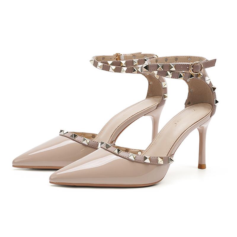 

893-1 Сексуальные туфли из лакированной кожи на высоком каблуке для женщин, весна 2025, новые заостренные тонкие каблуки, однотонные высокие каблуки для женщин 40 телесный