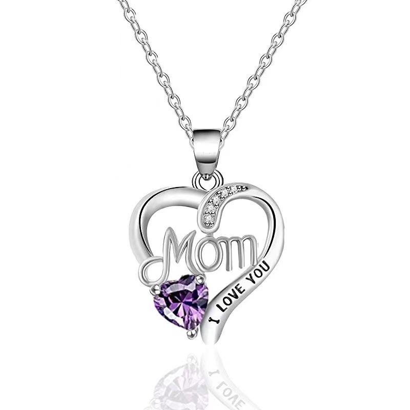Heart Engraved Diamond Pendant Necklace - I Love You Mom Mother's Day Gift