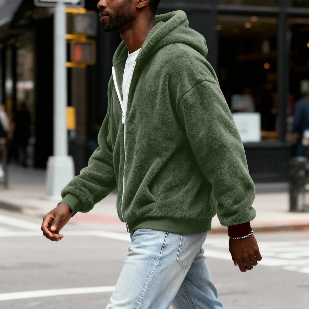 Herr Fuzzy Zip Hoodie Sweatshirt Plyschjacka med dragkedja med huva för
