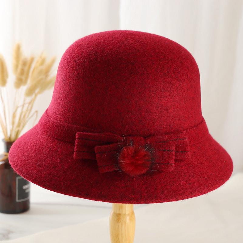 Autumn and winter women's high-end hats, middle-aged mother hats, top hats, woolen bows, basin hats, fashion hats, ladies