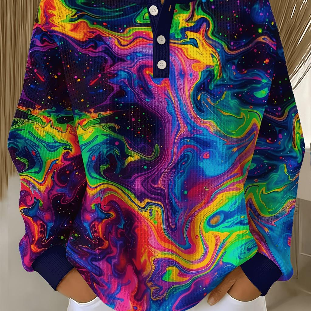 Women's Plus Size Sweatshirt with Colorful Starry Sky Fluid Print