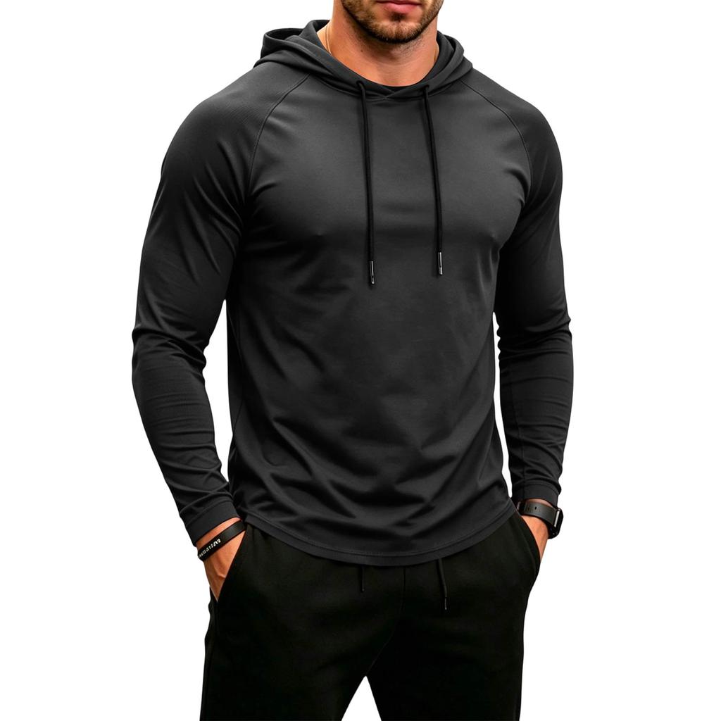 Men's Casual Breathable Hooded Sun Protection Long Sleeve Shirt Lightweight Athletic Pullover with Adjustable Drawstring Hood for Outdoor Activities