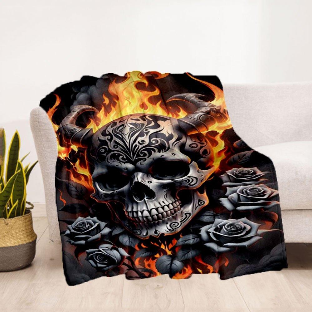"Flaming Devil Skull with Roses Wall Art Print"Blanket Flannel Throw Blanket for Sofa, Bed, Travel, Camping, Office, Couch, Chair, And Bed G