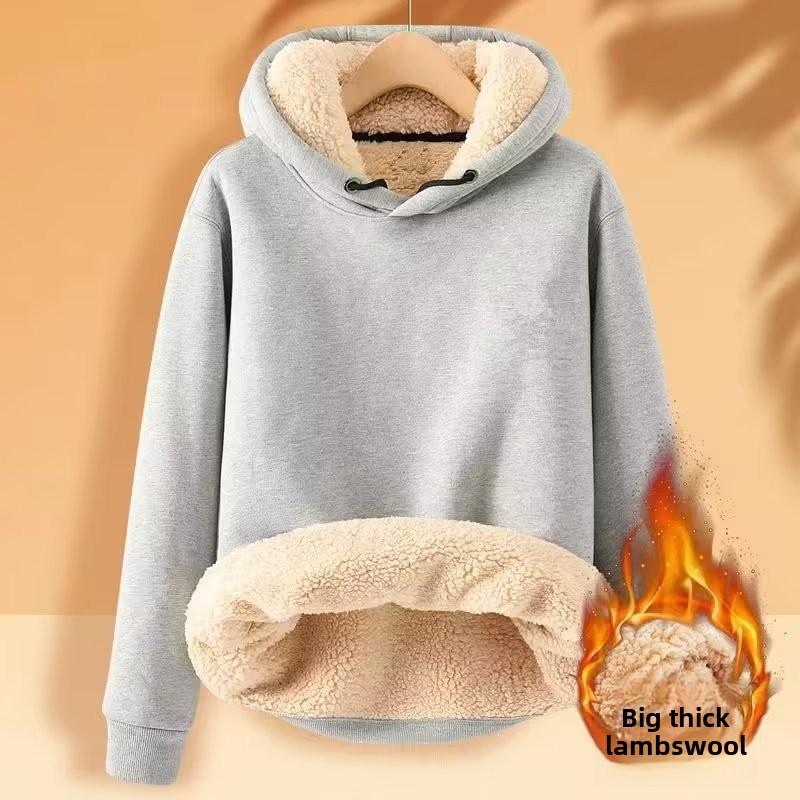 

Мужской пуловер с капюшоном на бархатной подкладке: Теплая, свободная студенческая куртка с модным дизайном из овчины. XL светло-серый