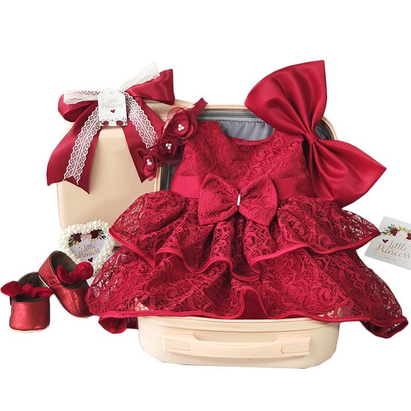 Baby Girl Red Lace Rose Dress - First Birthday Princess Outfit with Gift Box