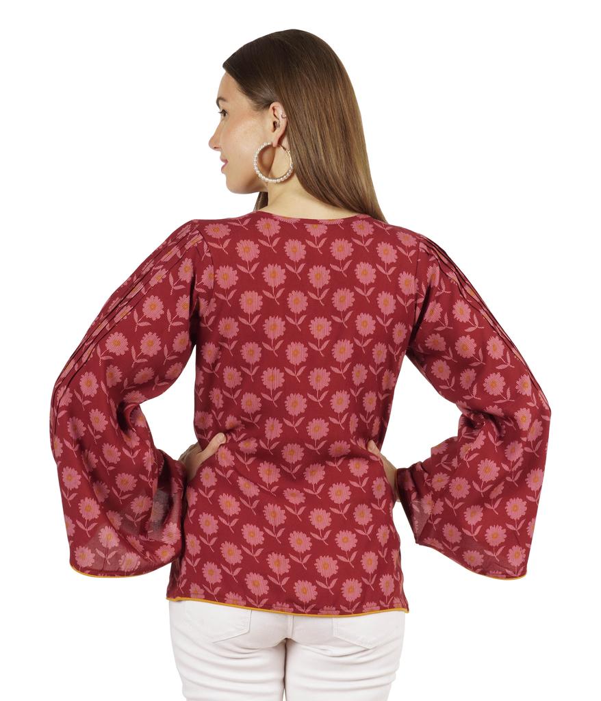 Moomaya Printed Top Full Sleeve Pleated Rayon Kurta Short Tunic Summer Blouse For