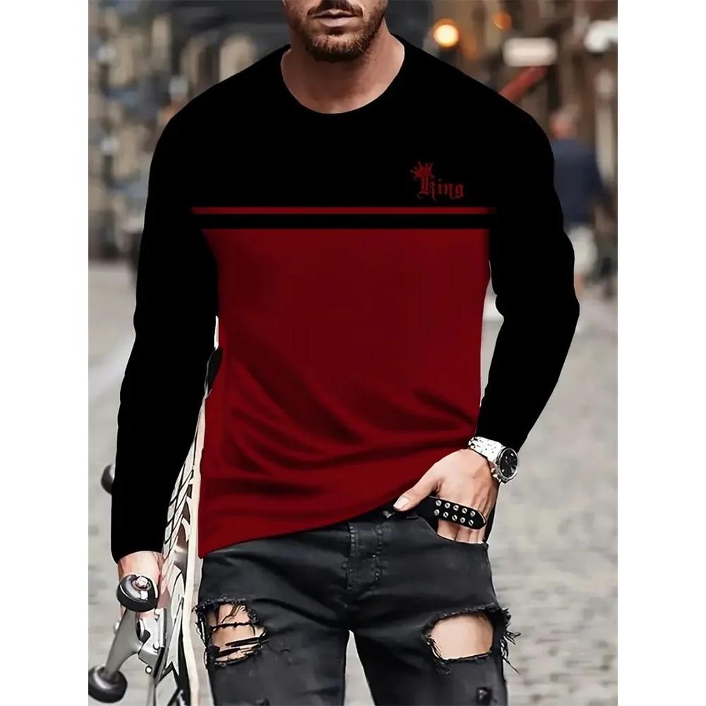 Spring and Autumn Round Neck 3D King Pattern Color Block Printed Top Fashionable Casual Long Sleeved Men's T-shirts