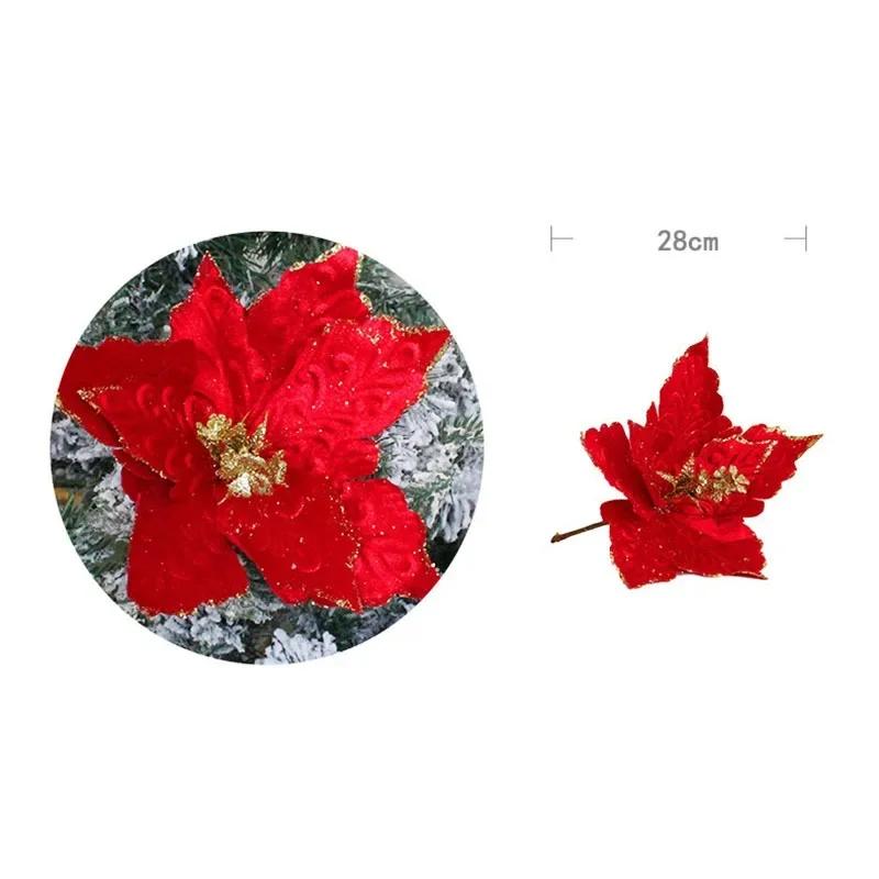 1pcs 28cm Christmas Glitter Artificial Poinsettia Flowers Artificial Xmas Tree Decor for Home Party New Year Ornaments