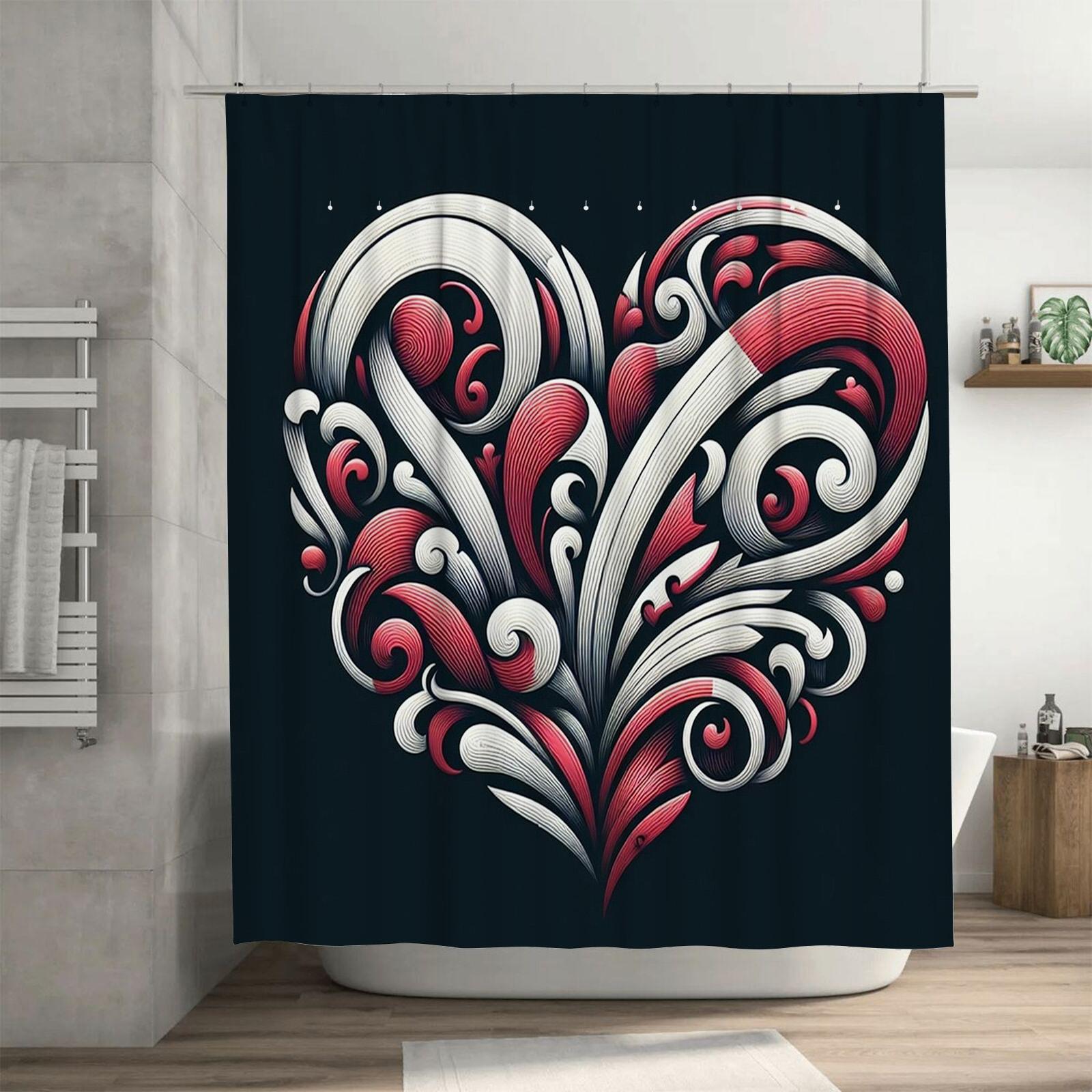 

Elegant Red and White Swirl Heart Shower Curtain - Waterproof, Mildew-Resistant, Machine Washable for Modern Bathroom Decor 90X180cm(35x70in)