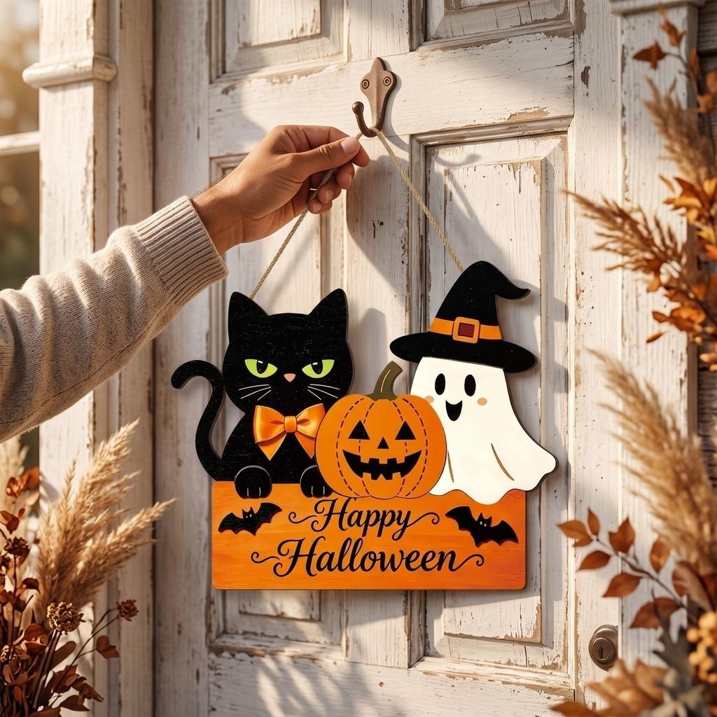 Halloween Pumpkin Wooden Door Hanger for Front Door Wall Decoration