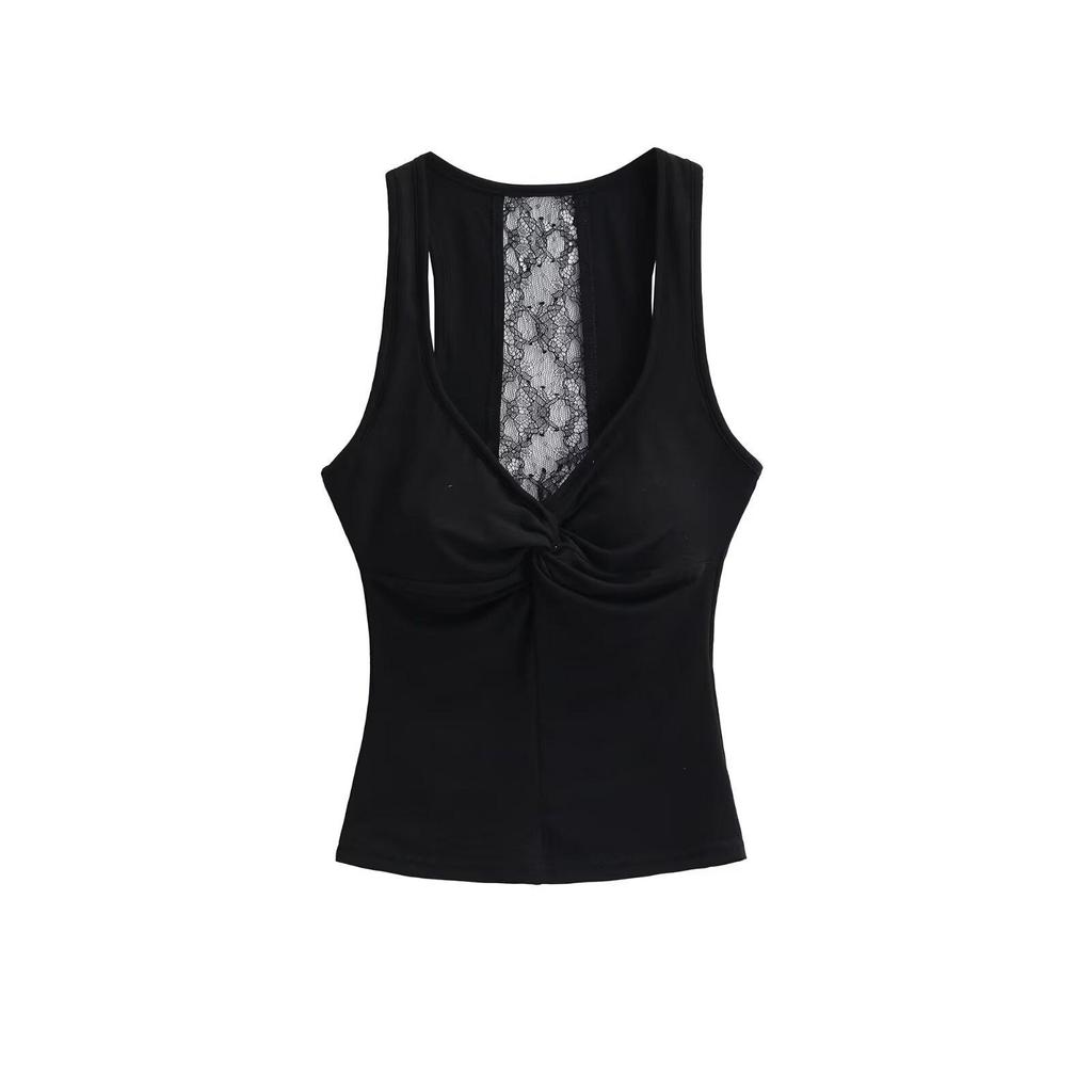 Twisted Back Lace Patchwork Blue Spaghetti Strap Tank Top for Women - Summer Sleeveless Top, Multicolor.