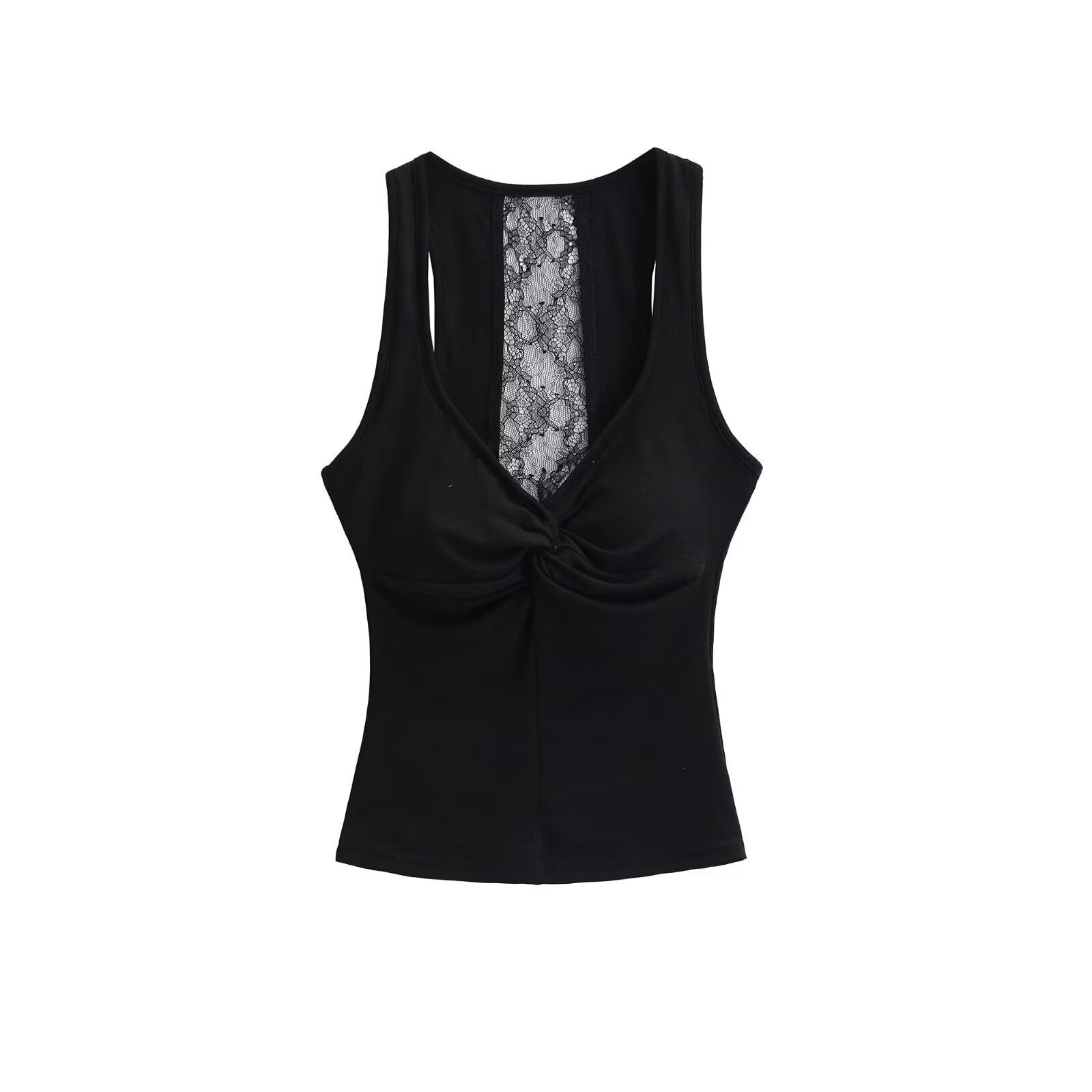 

Twisted Back Lace Patchwork Blue Spaghetti Strap Tank Top for Women - Summer Sleeveless Top, Multicolor. Small