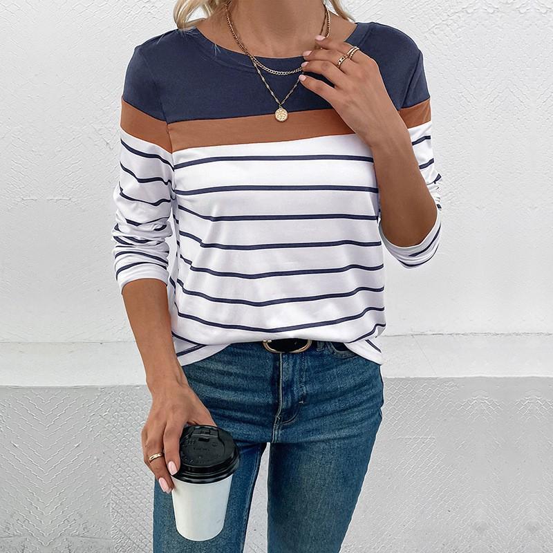 Womens Striped Long Sleeve T-Shirt Winter Casual Round Neck Pullover Top Milk Silk Fabric Slim Fit