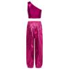 Girls Dance Party Outfit One Shoulder Metallic Cropped Vest Shiny Pants Set for Stage Performances Birthday Events