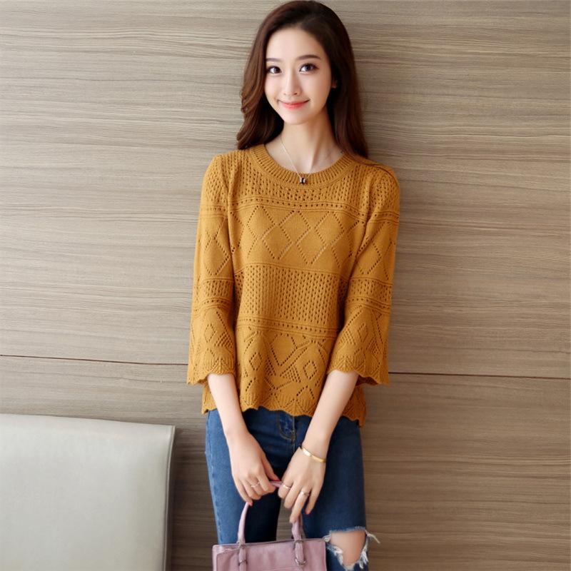 În primăvară și vară Pulover scobit nou din tricot Jachetă de damă cu secțiune subțire cu gât rotund Îmbrăcăminte linie largi Cămașă cu mânecă de șapte minute