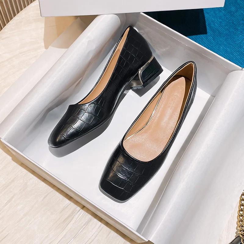 New Women Fashion Pumps High OL Basic Model Stone Pattern High Heels Shoes Ladies Square Toe Leather Casual Boat Shoes