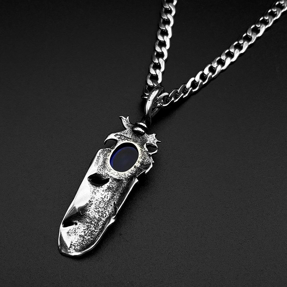 Antiqued Boho Feather Blue Glass Pendant Necklace for Women Men 316L Stainless Steel Chain Silver Color Hip Hop Amulet Jewelry