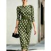 Robe Mi-longue Moulante à Pois pour Femme Manches 3/4 Col Bateau Robe Crayon avec Ceinture Blanche Élégante Robe de Soirée Bureau