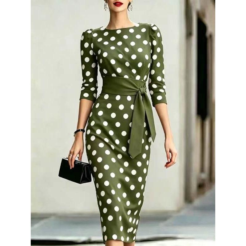 Robe Mi-longue Moulante à Pois pour Femme Manches 3/4 Col Bateau Robe Crayon avec Ceinture Blanche Élégante Robe de Soirée Bureau