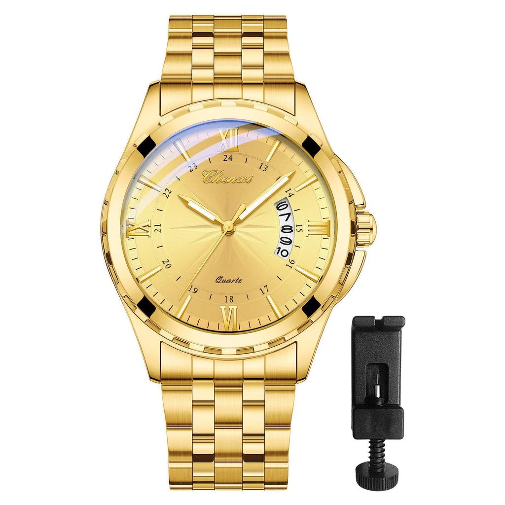 Watch Men Stainless Steel Calendar Gold 3ATM Water Resistant Luminous Analog Display Simple Fashion Quartz Watch Men Fashion Accessory - Birthday