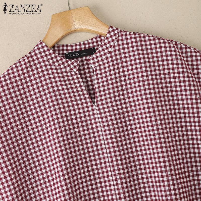 ZANZEA Bluză de vară pentru femei cu gât în V, fără mâneci, casual, retro, cu imprimeu carouri