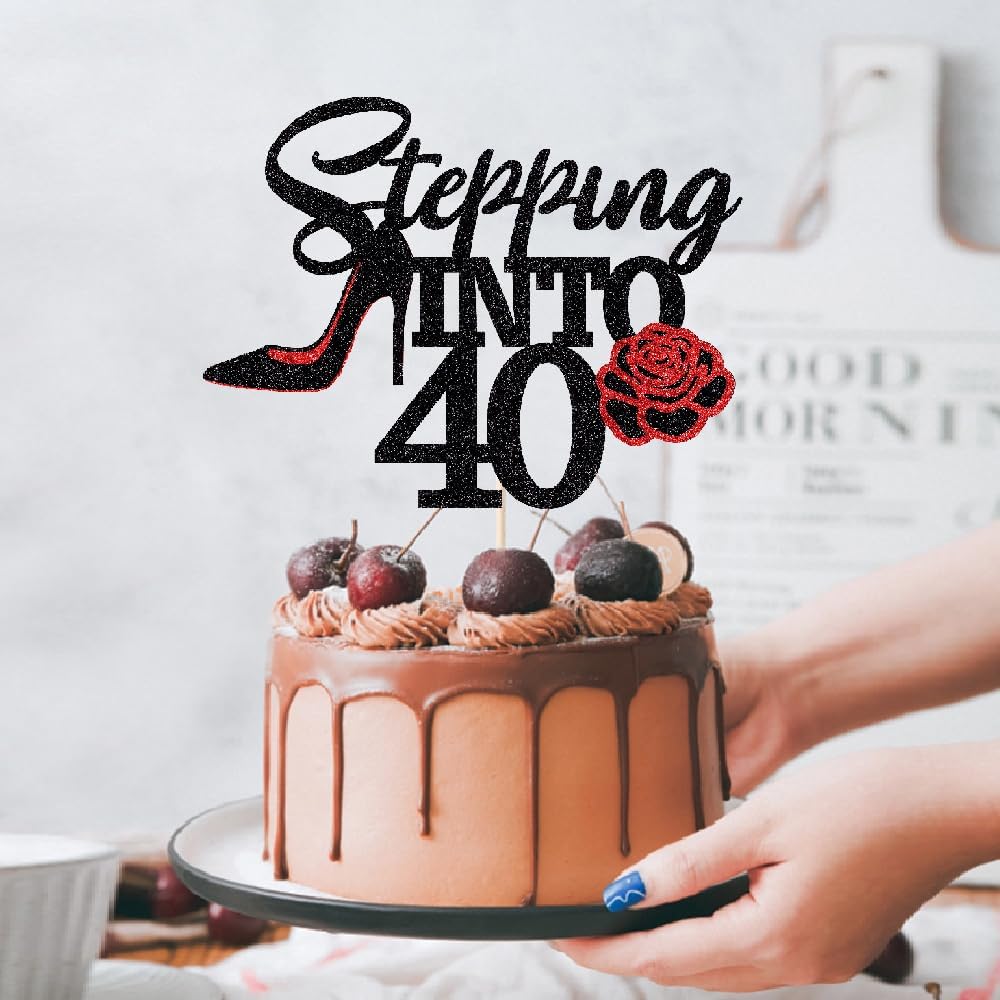 Stepping Into 40 Cake Topper,Still Fabulous at 40 Cake Decor,Funny Happy 40th Birthday Party Supplies,Highheel Rose Sign Cheers to 40 Years Black Red