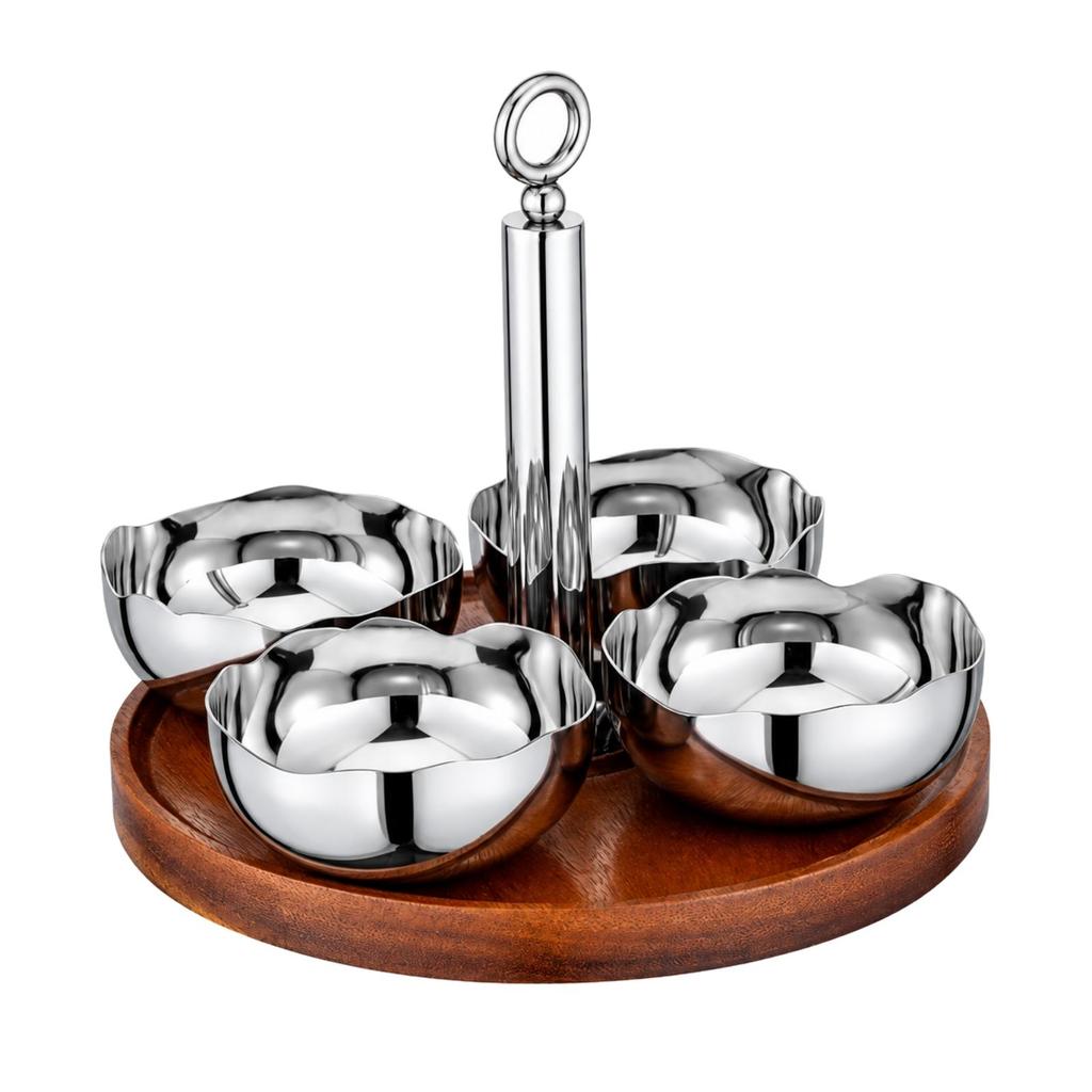 4 Pieces Stainless Steel Snack Bowl with Wooden Tray Reflective Polished Serving