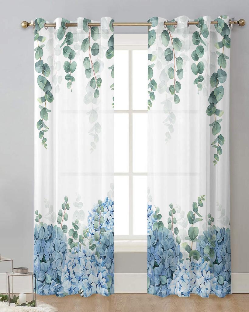 Eucalyptus Leaves Hydrangea Flower Plant Sheer Curtains for Living Room Decoration Window Curtains Kitchen Tulle Voile Curtains