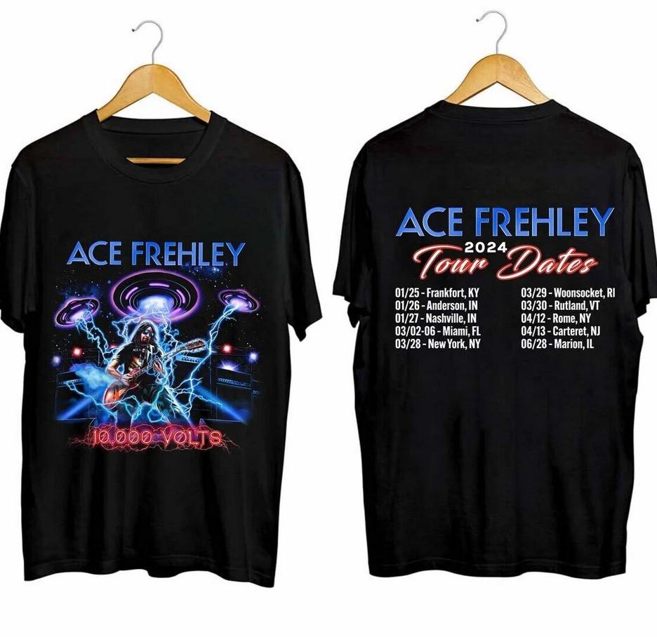 Ace Frehley 2024 Turnéplan Svart Bomulls-T-skjorte med Dobbelsidig Trykk