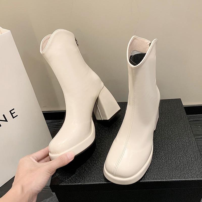 Damen Schuhe Plateau Reißverschluss hinten Damen Stiefel Outdoor Stiefeletten Damen Runde Zehennaht Super Hoher Blockabsatz Schuhe Damen