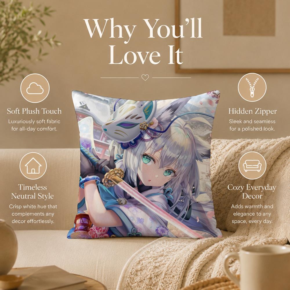 Vtuber S-Shirakami FubukiS Cushion Cover Double-Sided Printed Pillow Cover Hypoallergenic Dust-Mite Proof
