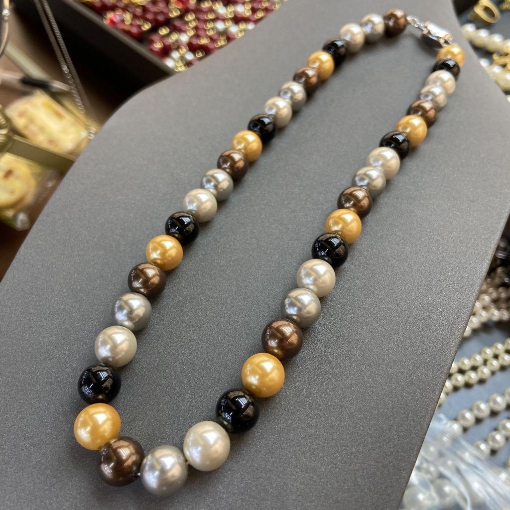 Ni Ni'S Same Bead 10Mm Five-Color Necklace, Black And White Gold And Silver Fashionable Versatile Beaded Collarbone Chain, Neck Chain.