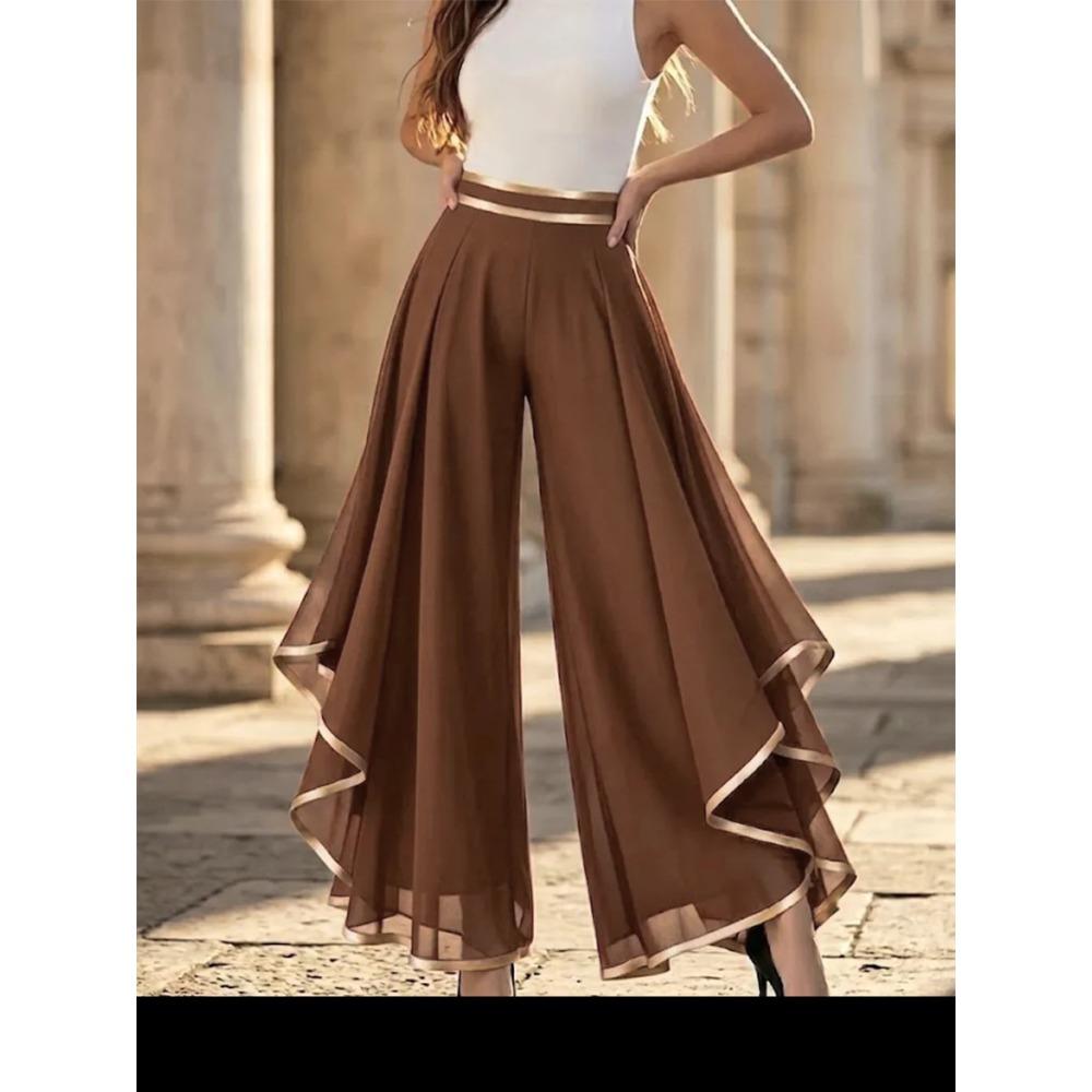 

Europe, America, fashion splicing piping laminated chiffon high-waisted casual wide-leg pants waist wide-leg pants 3XL темно-коричневого кольору