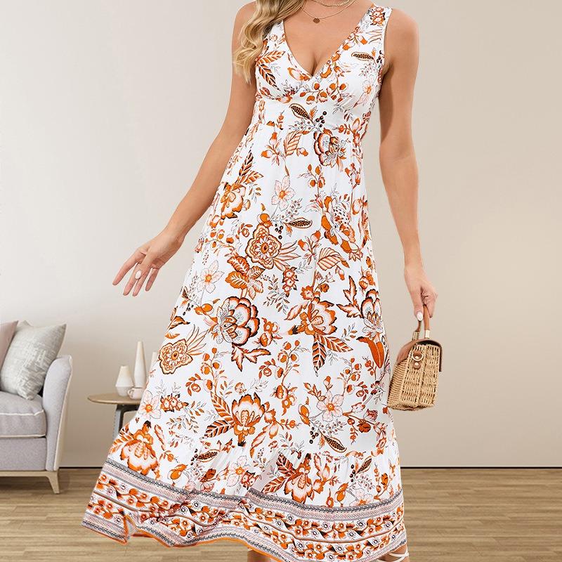Women V Neck Sleeveless Floral Print Maxi Dress With Border Hem Casual Daily Wear