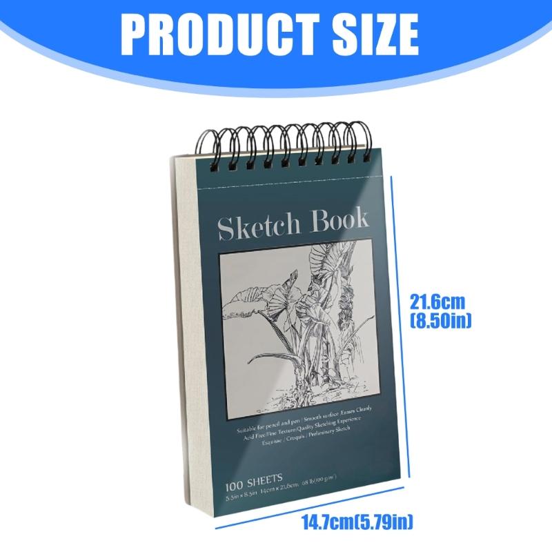 Cuaderno de dibujo de tapa dura, 100 hojas, papel de 68 lb/100 g/m², encuadernación de espiral doble, bloc de dibujo para artistas principiantes, bocetos y garabatos.