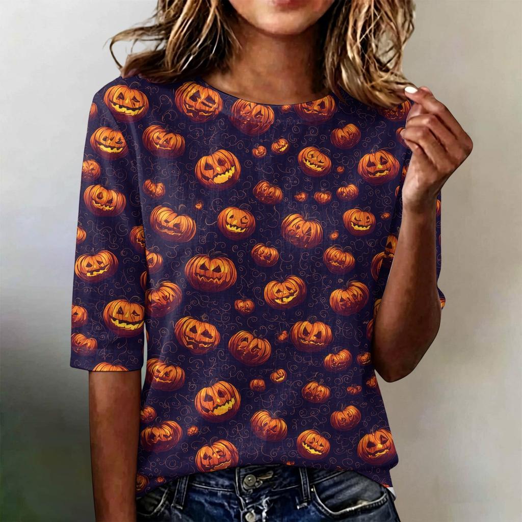 Women's Casual Loose Fit Half Sleeve Top Round Neck Lightweight Comfortable Halloween Pumpkin Print Shirt for Everyday Wear