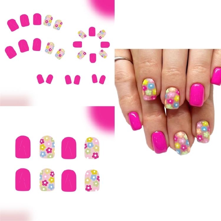 24 Pcs Colorful Flowers Stick On Nail Glossy False Nail Short Square Press On Nail Solid Color Acrylic Nail