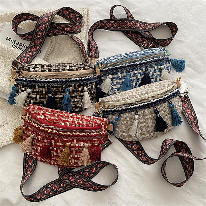 Weave Crossbody Bags Female Tassel Waist Bag Retro Leather Shoulder Packs