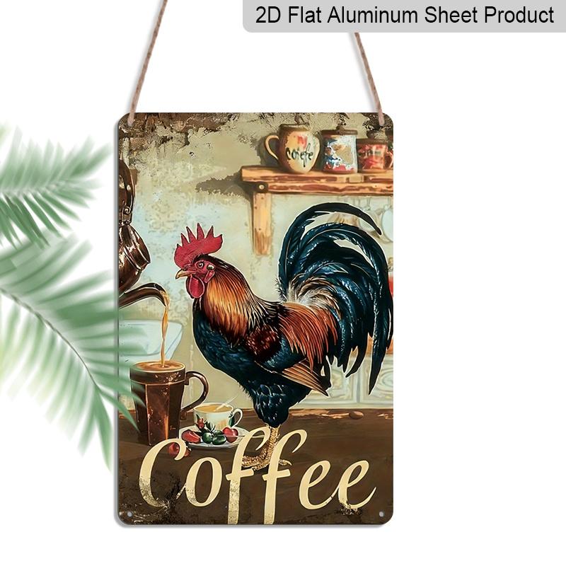 2D Flat, Vintage Rooster & Coffee Sign - 8x12 Inch, Weather-Resistant Aluminum Wall Decor with "Coffee" Text, Rustic Farmhouse Style for Kitchens